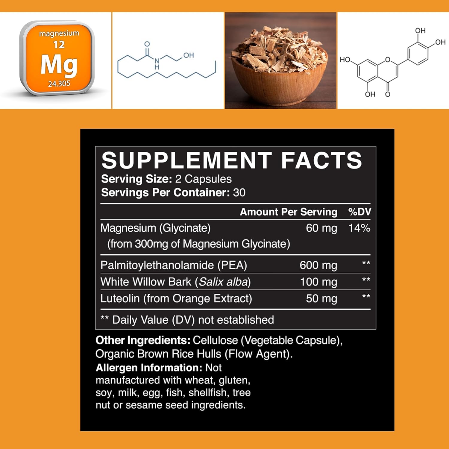 Zenmen Palmitoylethanolamide (PEA) 600mg Capsules with Luteolin, White Willow Bark, Magnesium - Supports Immune & Nervous Systems, Joints & Sciatic Nerve - 60 Vegan Capsules, Third Party Tested