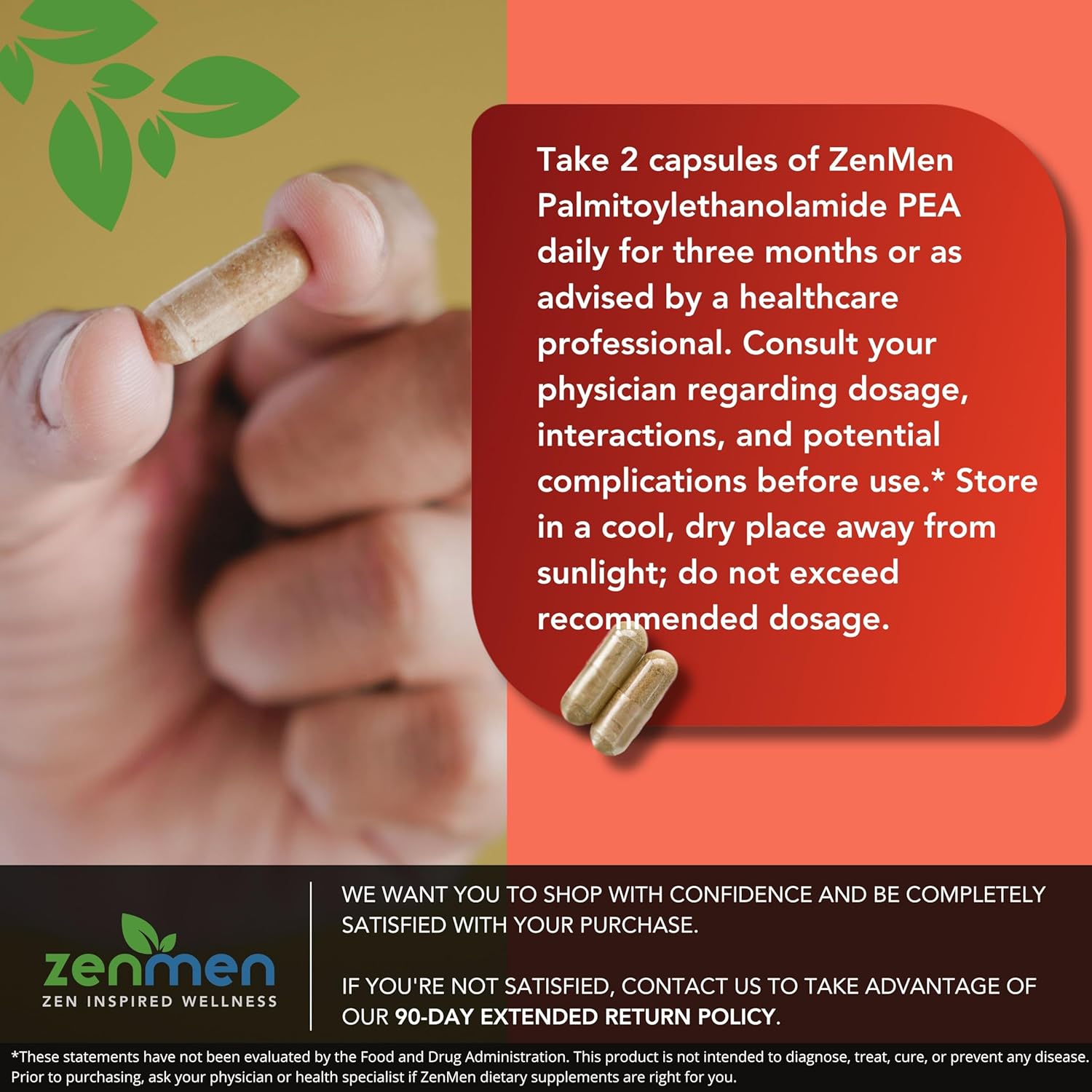 Zenmen Palmitoylethanolamide (PEA) 600mg Capsules with Luteolin, White Willow Bark, Magnesium - Supports Immune & Nervous Systems, Joints & Sciatic Nerve - 60 Vegan Capsules, Third Party Tested