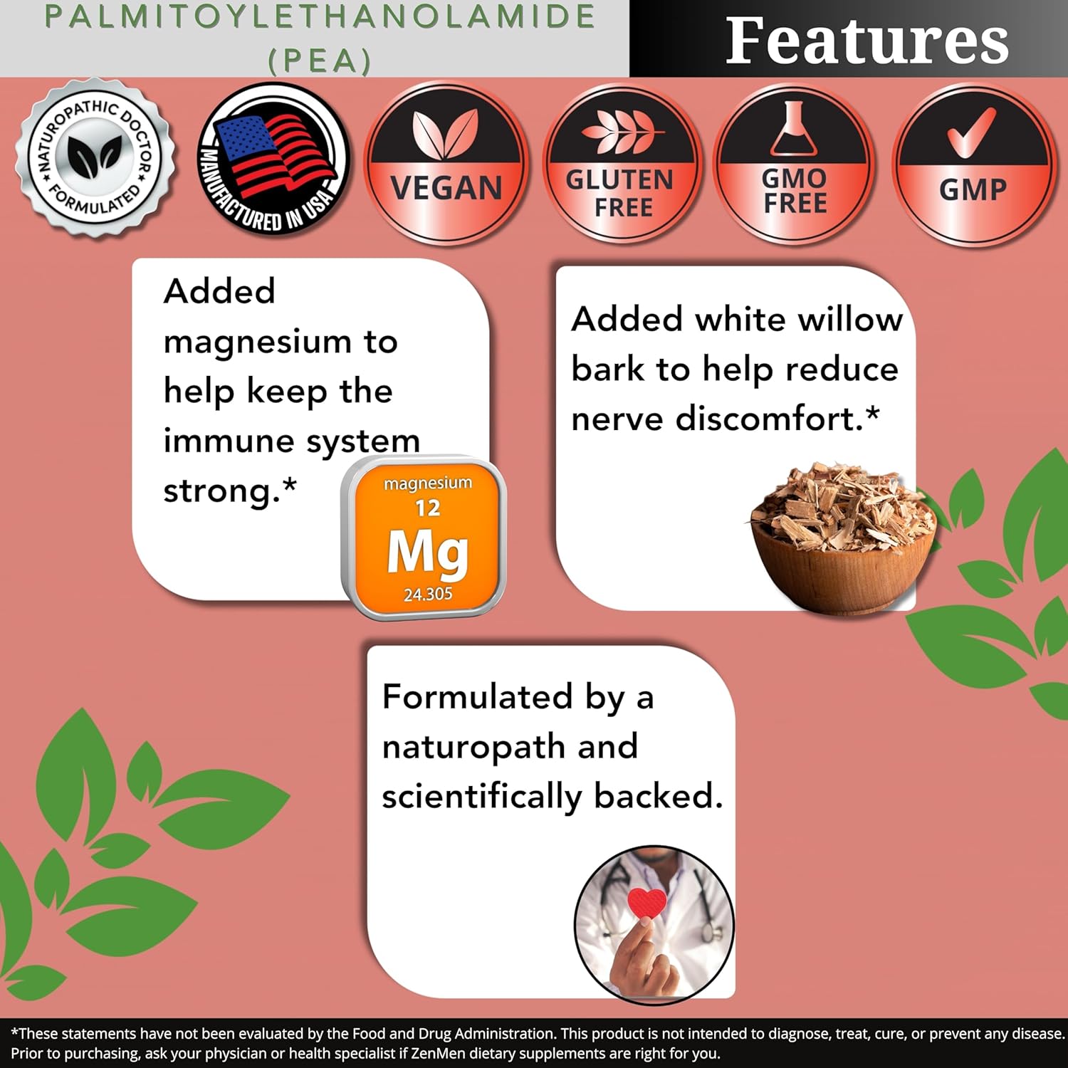 Zenmen Palmitoylethanolamide (PEA) 600mg Capsules with Luteolin, White Willow Bark, Magnesium - Supports Immune & Nervous Systems, Joints & Sciatic Nerve - 60 Vegan Capsules, Third Party Tested