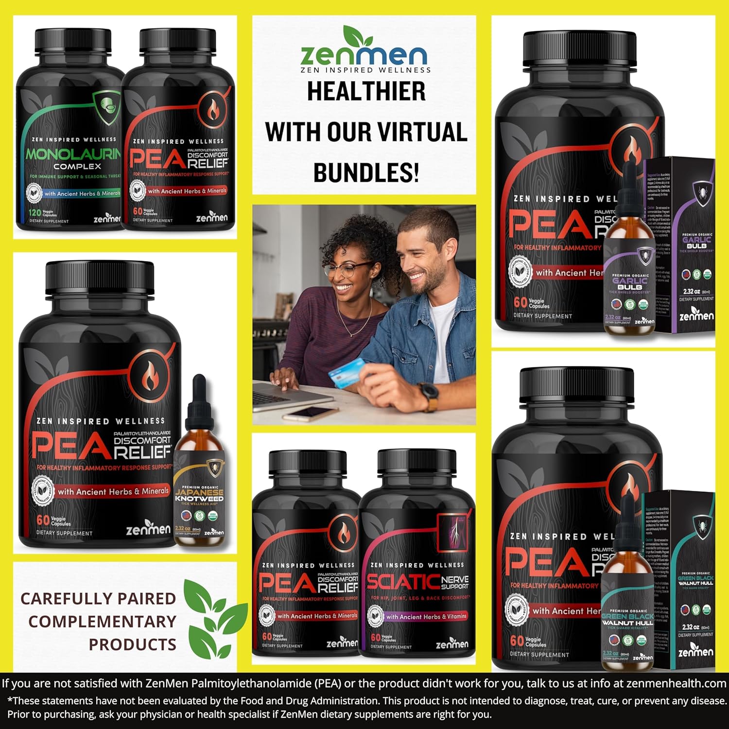 Zenmen Palmitoylethanolamide (PEA) 600mg Capsules with Luteolin, White Willow Bark, Magnesium - Supports Immune & Nervous Systems, Joints & Sciatic Nerve - 60 Vegan Capsules, Third Party Tested