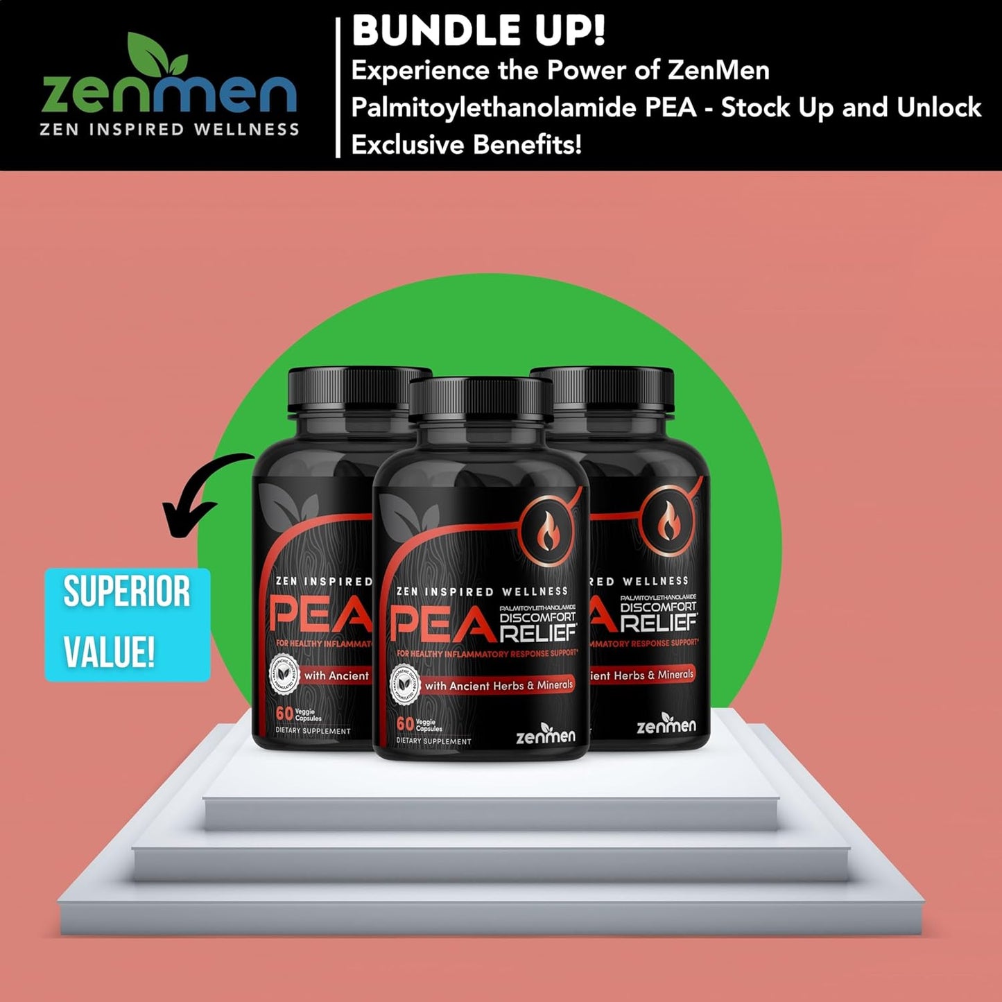 Zenmen Palmitoylethanolamide (PEA) 600mg Capsules with Luteolin, White Willow Bark, Magnesium - Supports Immune & Nervous Systems, Joints & Sciatic Nerve - 60 Vegan Capsules, Third Party Tested