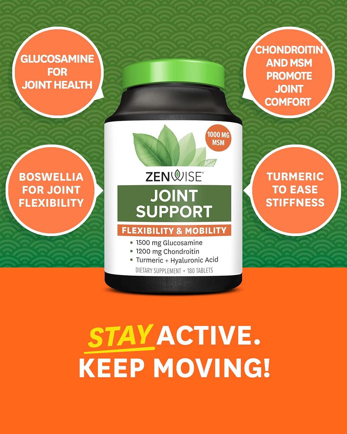 Zenwise Glucosamine Chondroitin MSM Curcumin with Hyaluronic Acid - Joint Support Supplement for Pain Relief - Natural Health & Mobility (180 Count)