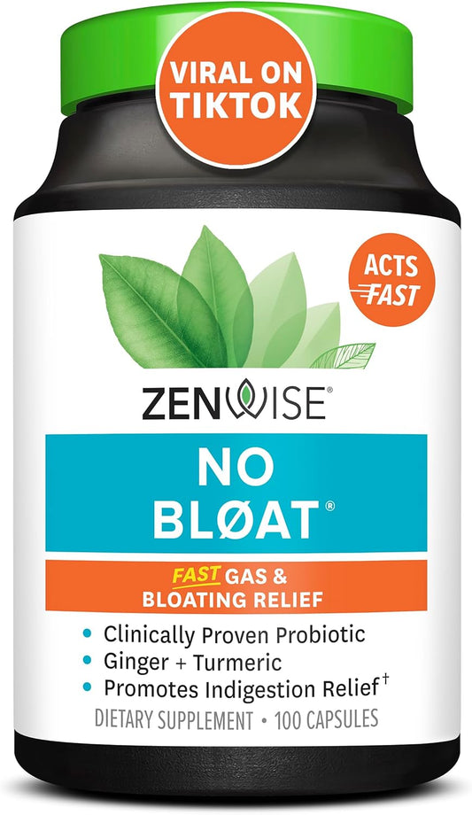 Zenwise Health NO Bloat Probiotics - Digestive Enzymes for Gas Relief - Vegan Water Retention Pills - 100 CT