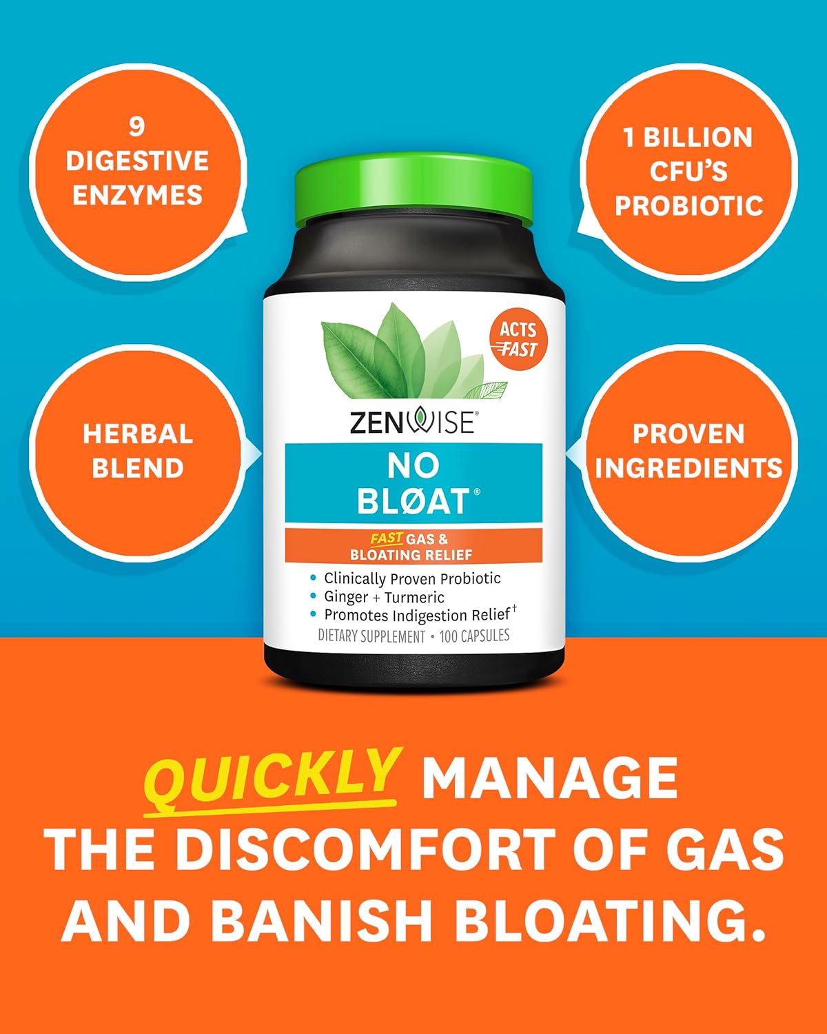 Zenwise Health NO Bloat Probiotics - Digestive Enzymes for Gas Relief - Vegan Water Retention Pills - 100 CT