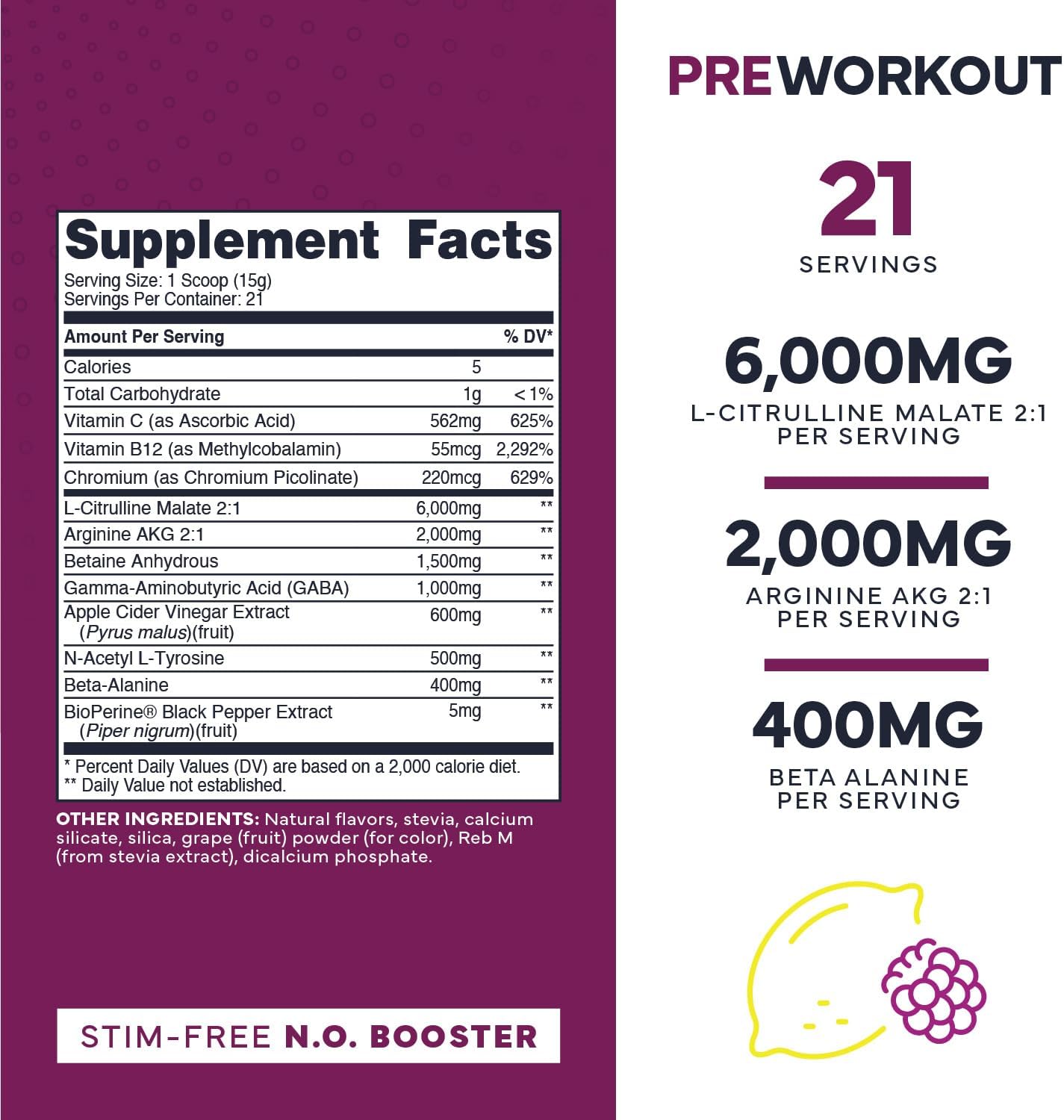Zero Ultra Clean Blackberry Lemonade Pump Pre Workout - Beetroot, Arginine, Citrulline Malate, Betaine, Beta A, ACV - Non Stim for Men & Women