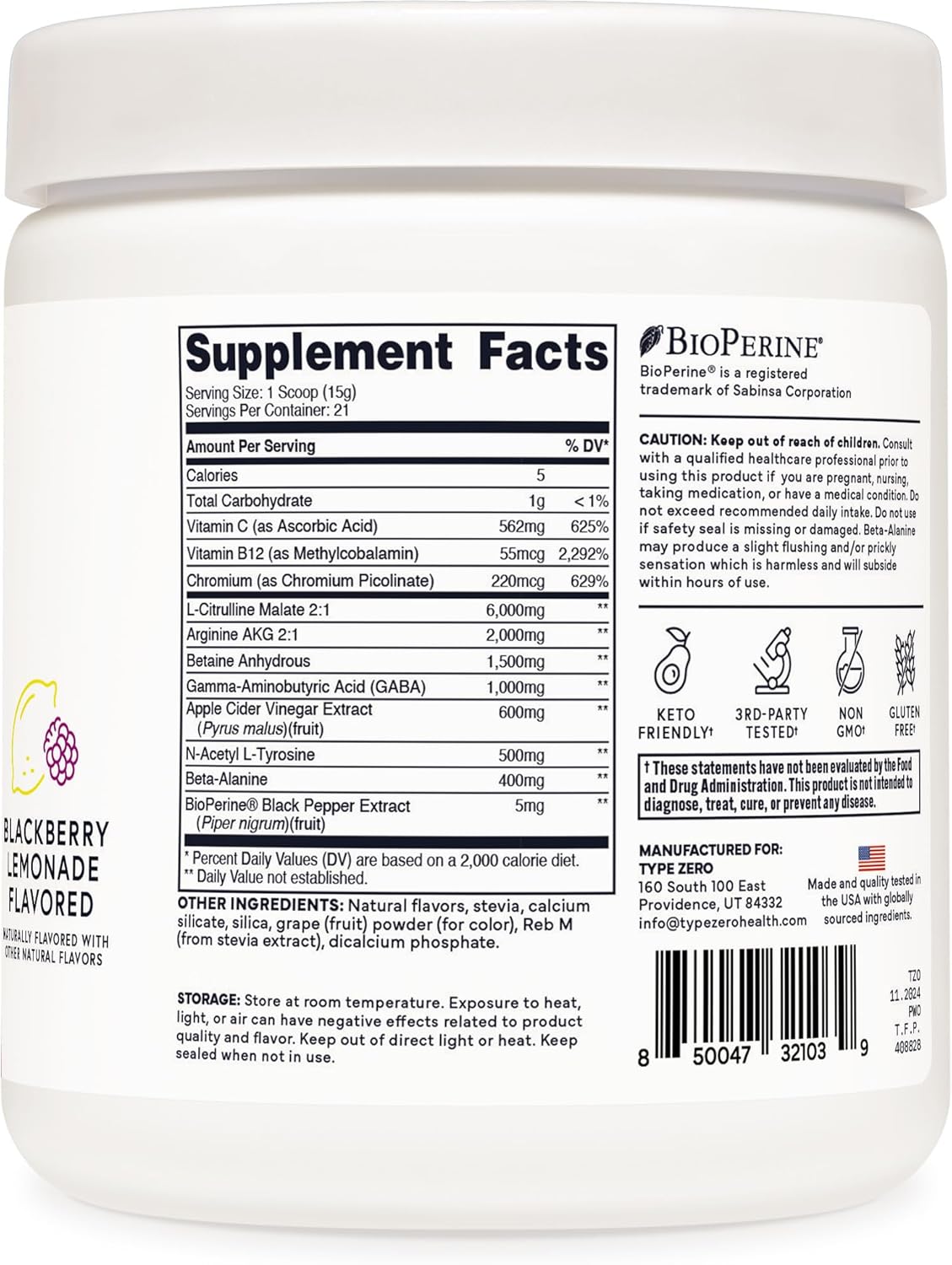Zero Ultra Clean Blackberry Lemonade Pump Pre Workout - Beetroot, Arginine, Citrulline Malate, Betaine, Beta A, ACV - Non Stim for Men & Women