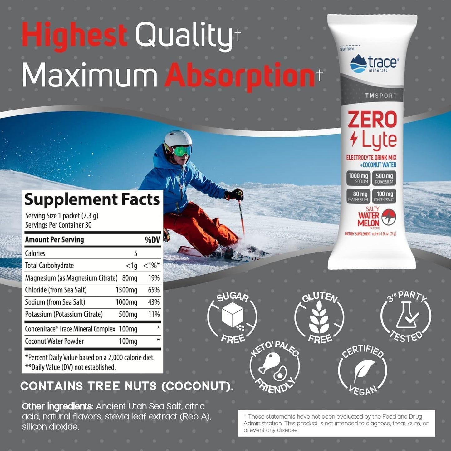 ZeroLyte Salty Watermelon Drink Powder - Electrolyte Replenishment for Energy & Hydration - Supports Nerve & Muscle Function - 30 Packets