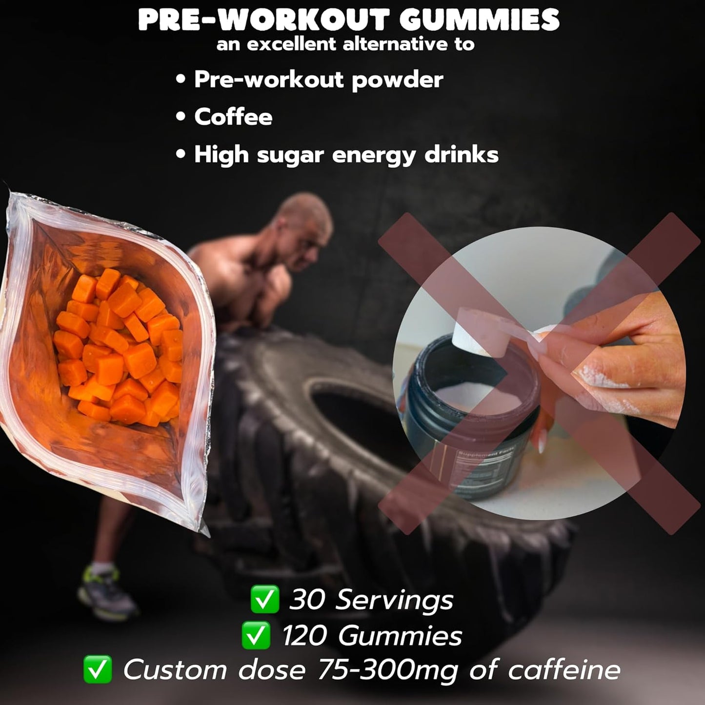 Zesty Orange Pre-Workout Gummies for Men and Women - 120 Gummies, 75-300mg Caffeine, Low Sugar, Vegan Energy Boost