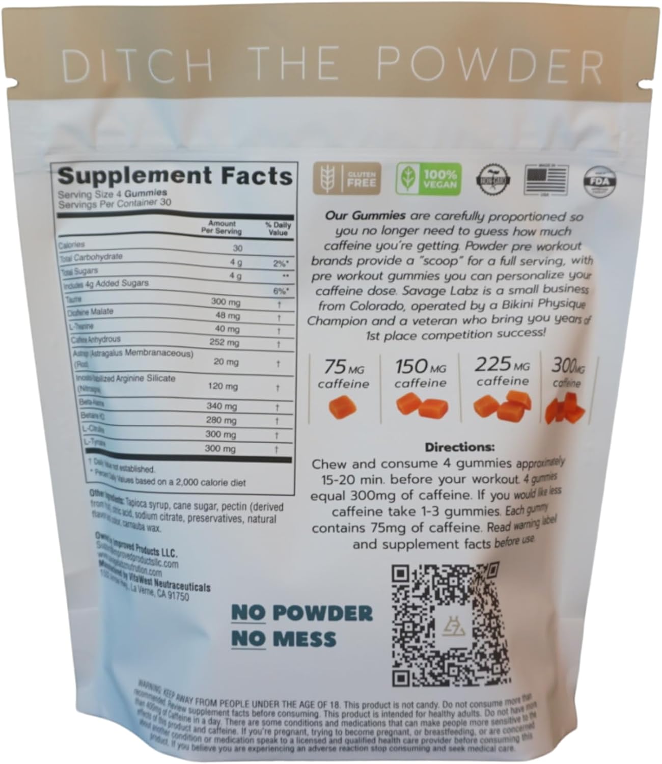 Zesty Orange Pre-Workout Gummies for Men and Women - 120 Gummies, 75-300mg Caffeine, Low Sugar, Vegan Energy Boost