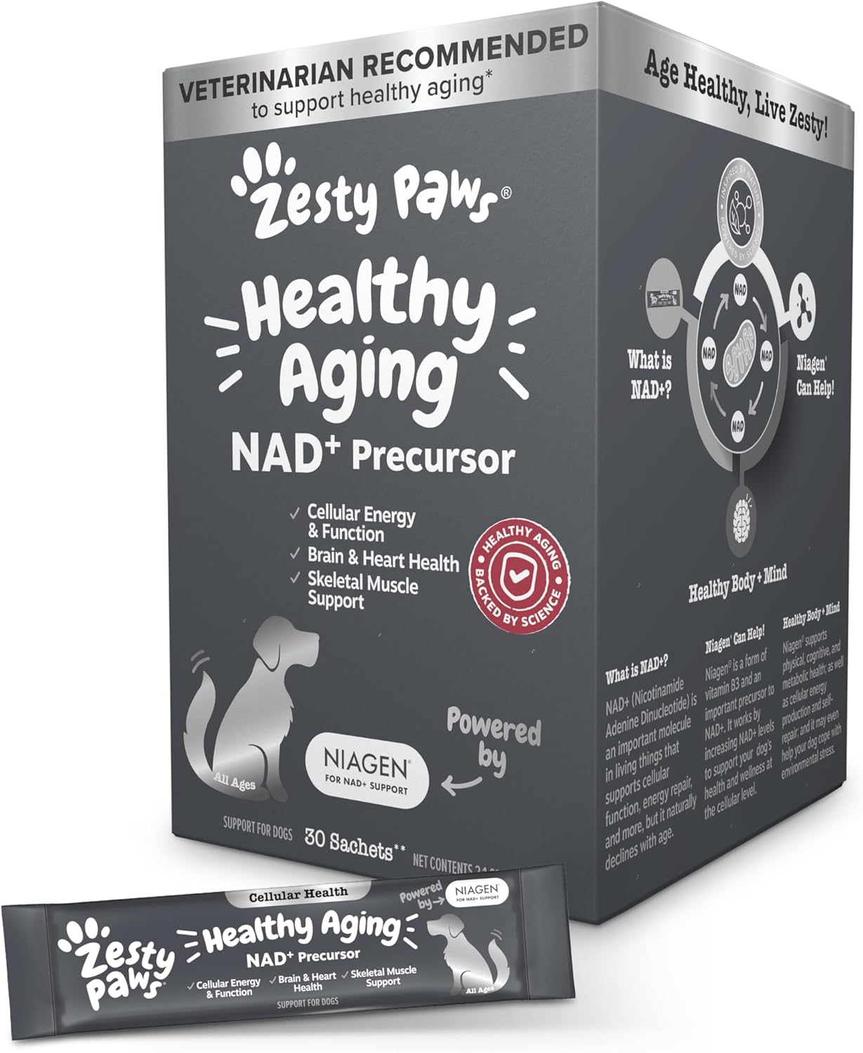 Zesty Paws Niagen Supplement for Dogs - NAD+ Precursor for Healthy Aging & Muscle Recovery - Supports Brain, Heart, & Energy - 30 Sachets