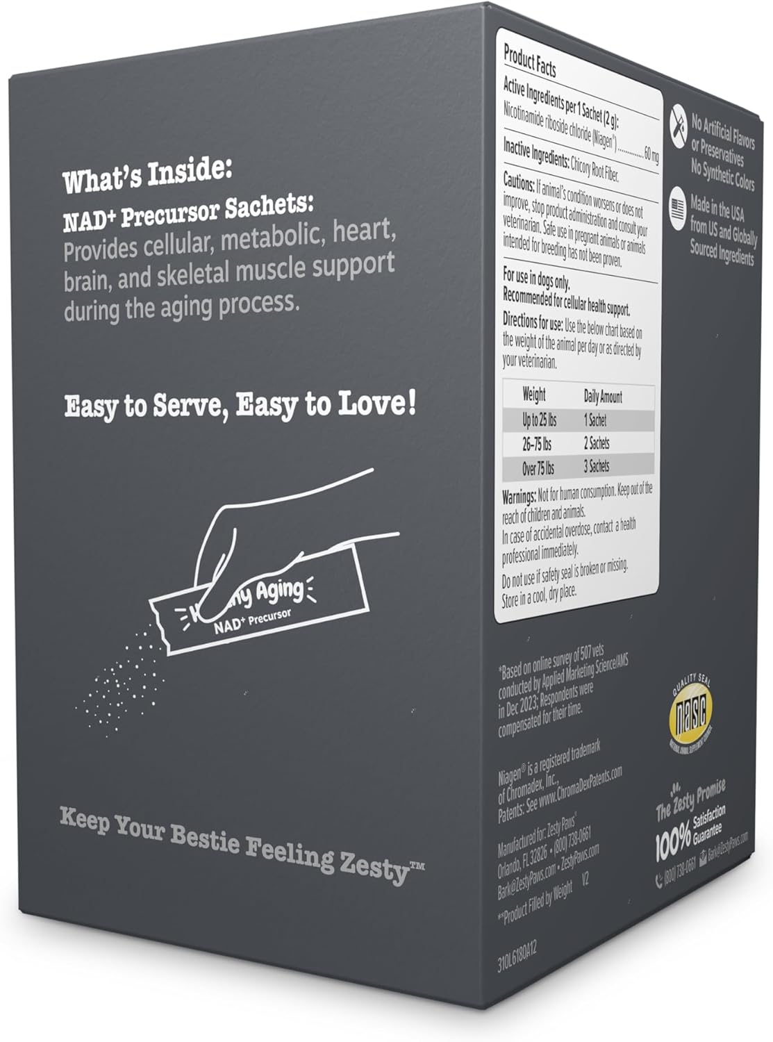 Zesty Paws Niagen Supplement for Dogs - NAD+ Precursor for Healthy Aging & Muscle Recovery - Supports Brain, Heart, & Energy - 30 Sachets