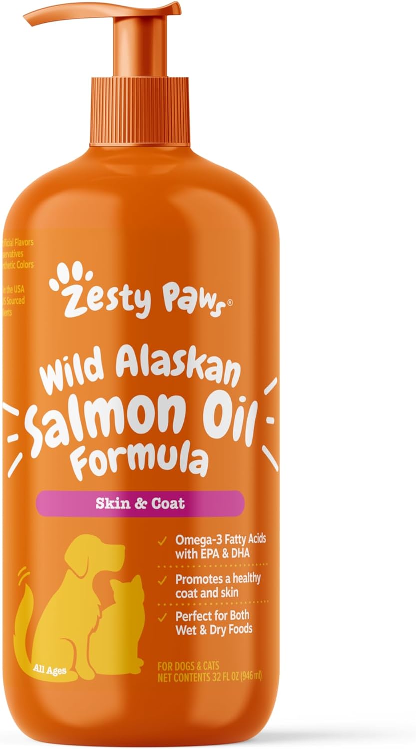 Zesty Paws Wild Alaskan Salmon Oil Liquid Supplement for Dogs & Cats - Omega 3 Support for Skin, Coat, Joints, Immune & Heart Health - Natural EPA & DHA Fatty Acids - 32 oz