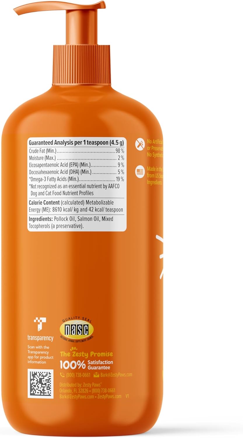 Zesty Paws Wild Alaskan Salmon Oil Liquid Supplement for Dogs & Cats - Omega 3 Support for Skin, Coat, Joints, Immune & Heart Health - Natural EPA & DHA Fatty Acids - 32 oz