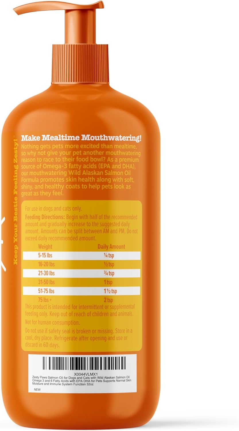 Zesty Paws Wild Alaskan Salmon Oil Liquid Supplement for Dogs & Cats - Omega 3 Support for Skin, Coat, Joints, Immune & Heart Health - Natural EPA & DHA Fatty Acids - 32 oz