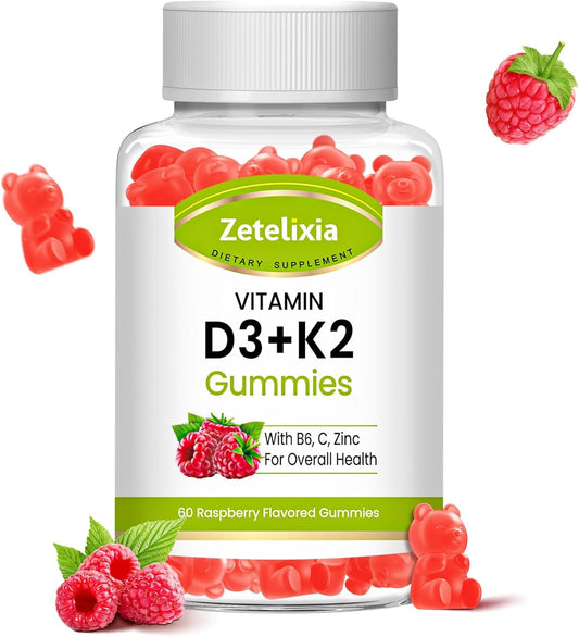 Zetelixia Adult Vitamin D3 K2 Gummies - 5000 IU D3, 120mcg K2 (MK7), Sugar-Free with B6, C, Zinc - 60 Count for Bone, Teeth, Muscle & Immunity Support