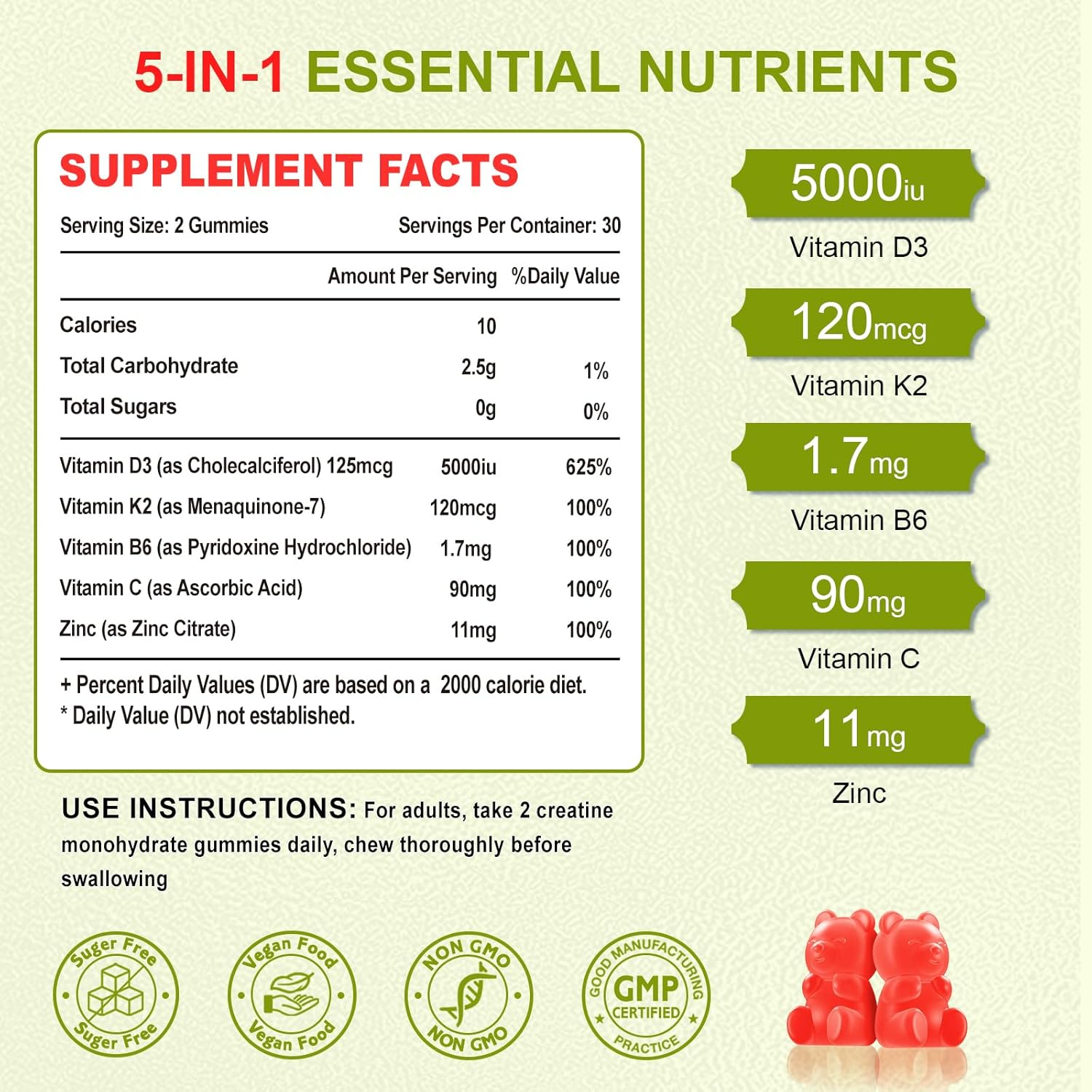 Zetelixia Adult Vitamin D3 K2 Gummies - 5000 IU D3, 120mcg K2 (MK7), Sugar-Free with B6, C, Zinc - 60 Count for Bone, Teeth, Muscle & Immunity Support