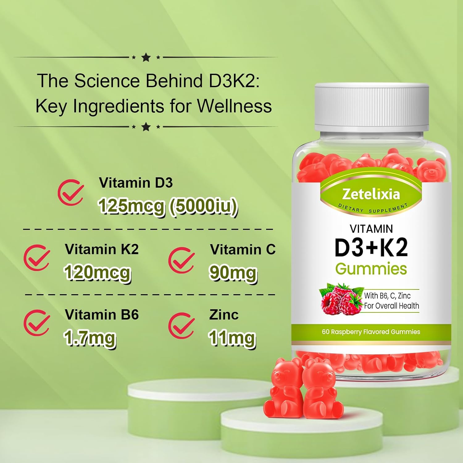 Zetelixia Adult Vitamin D3 K2 Gummies - 5000 IU D3, 120mcg K2 (MK7), Sugar-Free with B6, C, Zinc - 60 Count for Bone, Teeth, Muscle & Immunity Support