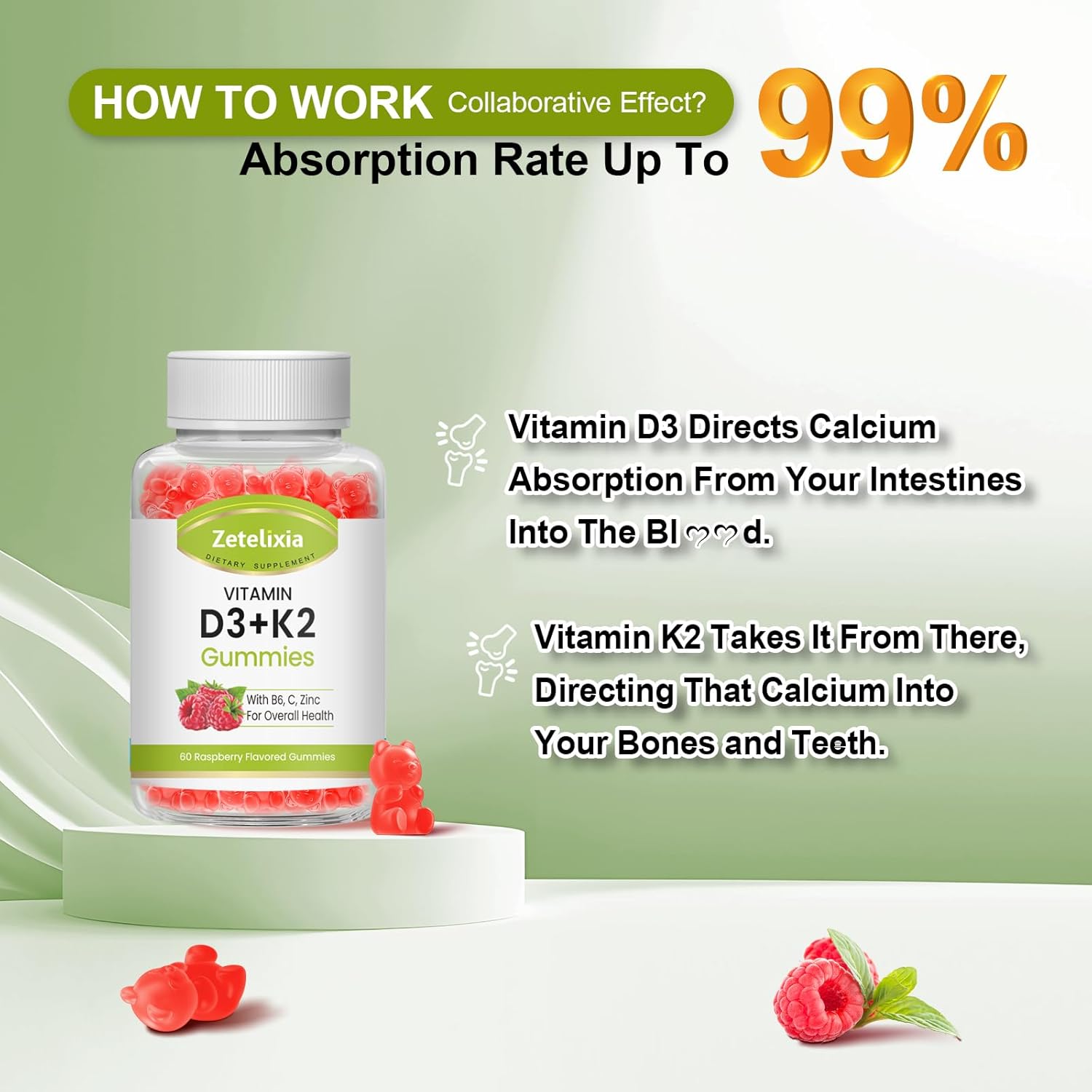 Zetelixia Adult Vitamin D3 K2 Gummies - 5000 IU D3, 120mcg K2 (MK7), Sugar-Free with B6, C, Zinc - 60 Count for Bone, Teeth, Muscle & Immunity Support