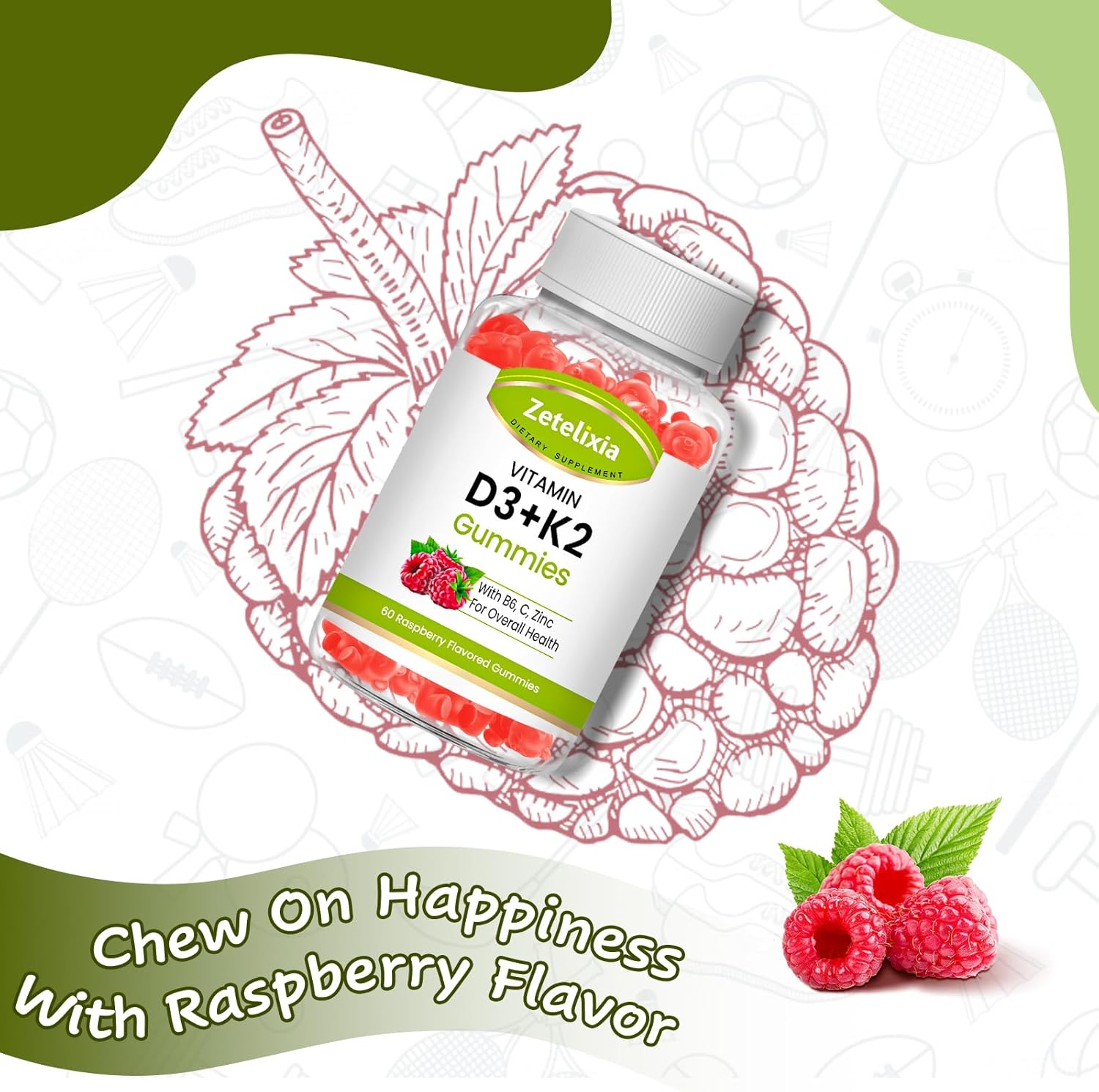 Zetelixia Adult Vitamin D3 K2 Gummies - 5000 IU D3, 120mcg K2 (MK7), Sugar-Free with B6, C, Zinc - 60 Count for Bone, Teeth, Muscle & Immunity Support