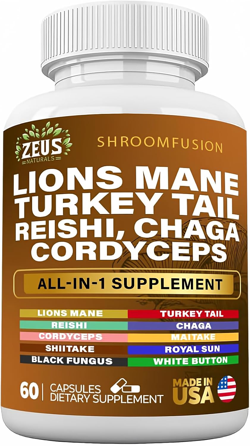 Zeus Naturals Mushroom Supplement Blend - Lions Mane, Turkey Tail, Cordyceps, Chaga, Reishi, Maitake, Meshima, Poria Cocos, Shiitake, Oyster, Porcini, Enoki (60 Capsules)