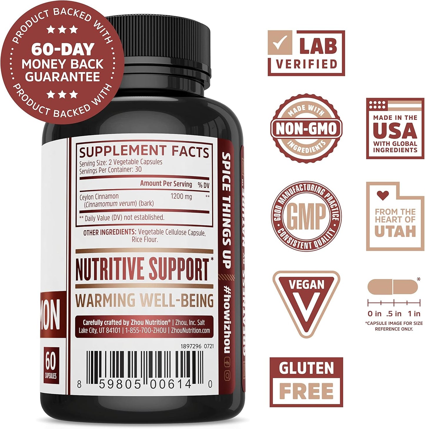 Zhou Ceylon Cinnamon Capsules - Promotes Heart Health & Joint Mobility - Authentic Sri Lankan Cinnamon Supplement - 30 Servings, 60 Capsules