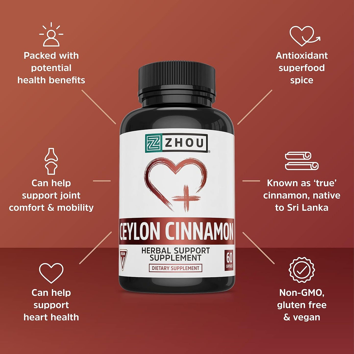 Zhou Ceylon Cinnamon Capsules - Promotes Heart Health & Joint Mobility - Authentic Sri Lankan Cinnamon Supplement - 30 Servings, 60 Capsules