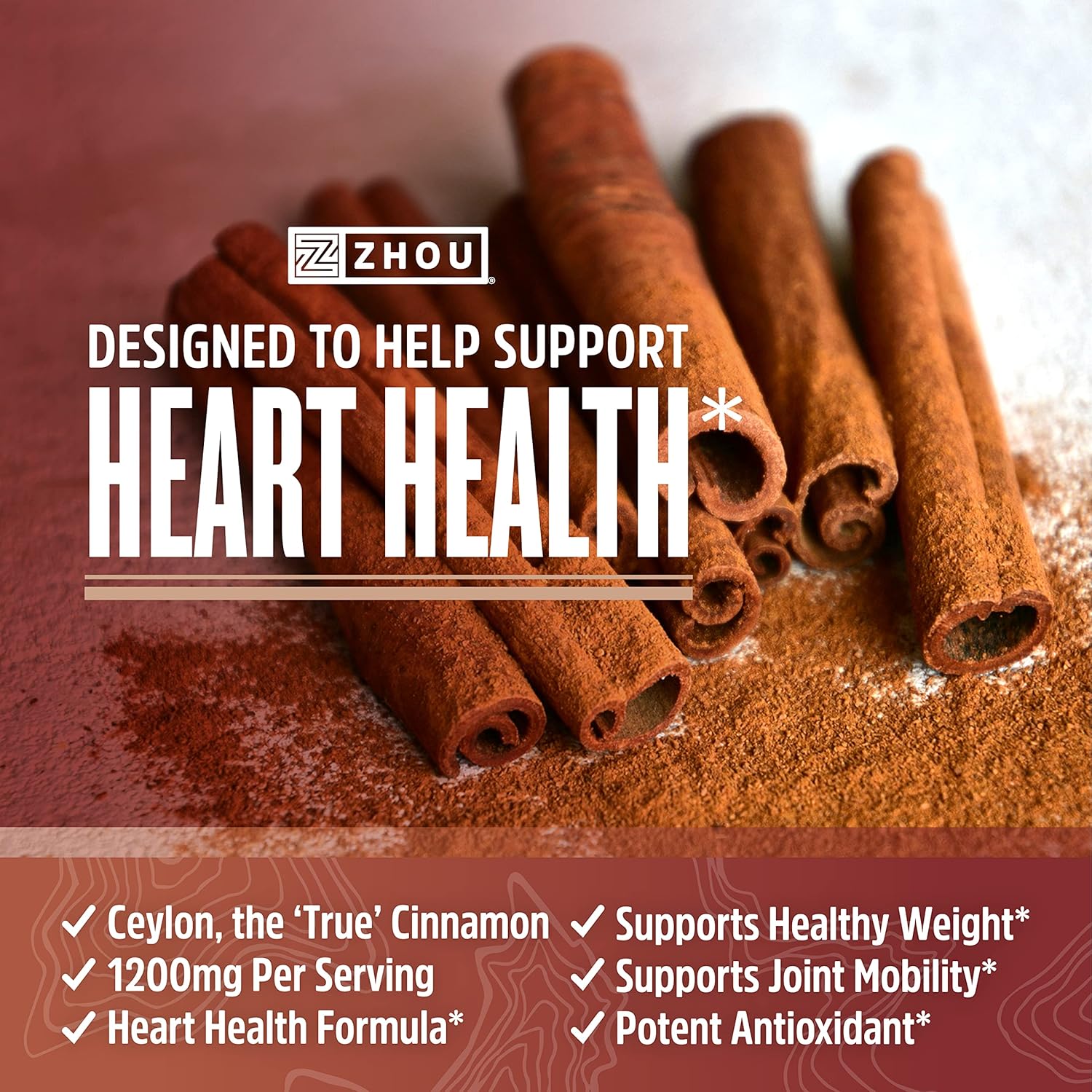 Zhou Ceylon Cinnamon Capsules - Promotes Heart Health & Joint Mobility - Authentic Sri Lankan Cinnamon Supplement - 30 Servings, 60 Capsules