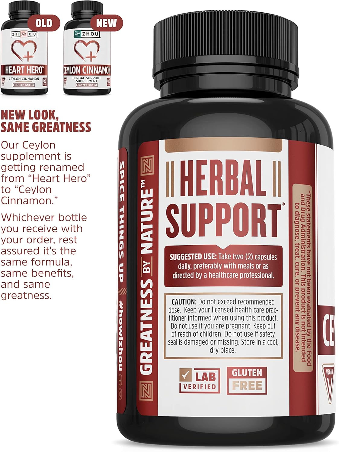 Zhou Ceylon Cinnamon Capsules - Promotes Heart Health & Joint Mobility - Authentic Sri Lankan Cinnamon Supplement - 30 Servings, 60 Capsules