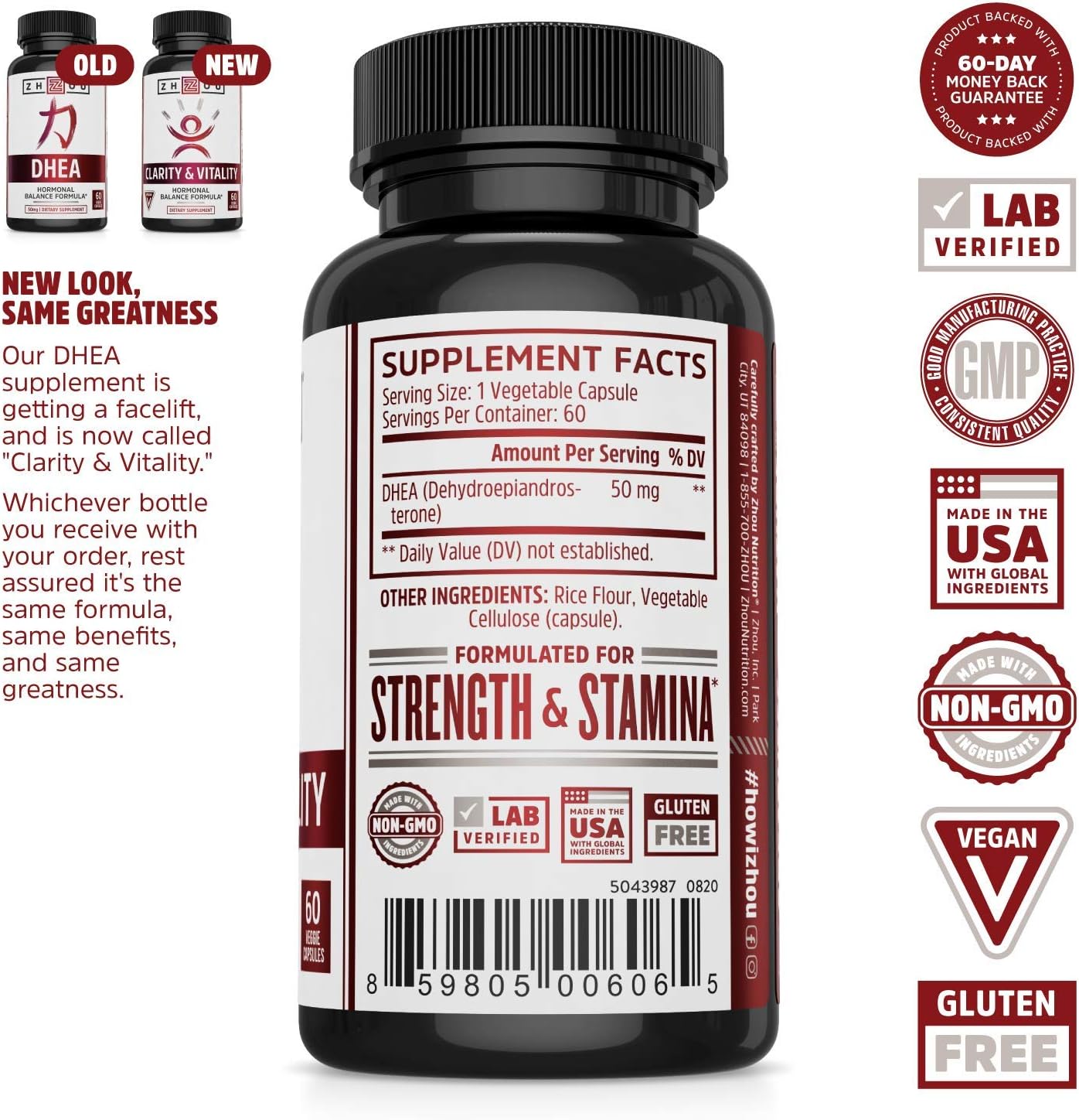 Zhou Clarity and Vitality Hormonal Balance Formula 50mg Capsules - Non-GMO, Vegan, Gluten Free - Healthy Aging Supplement for Women & Men