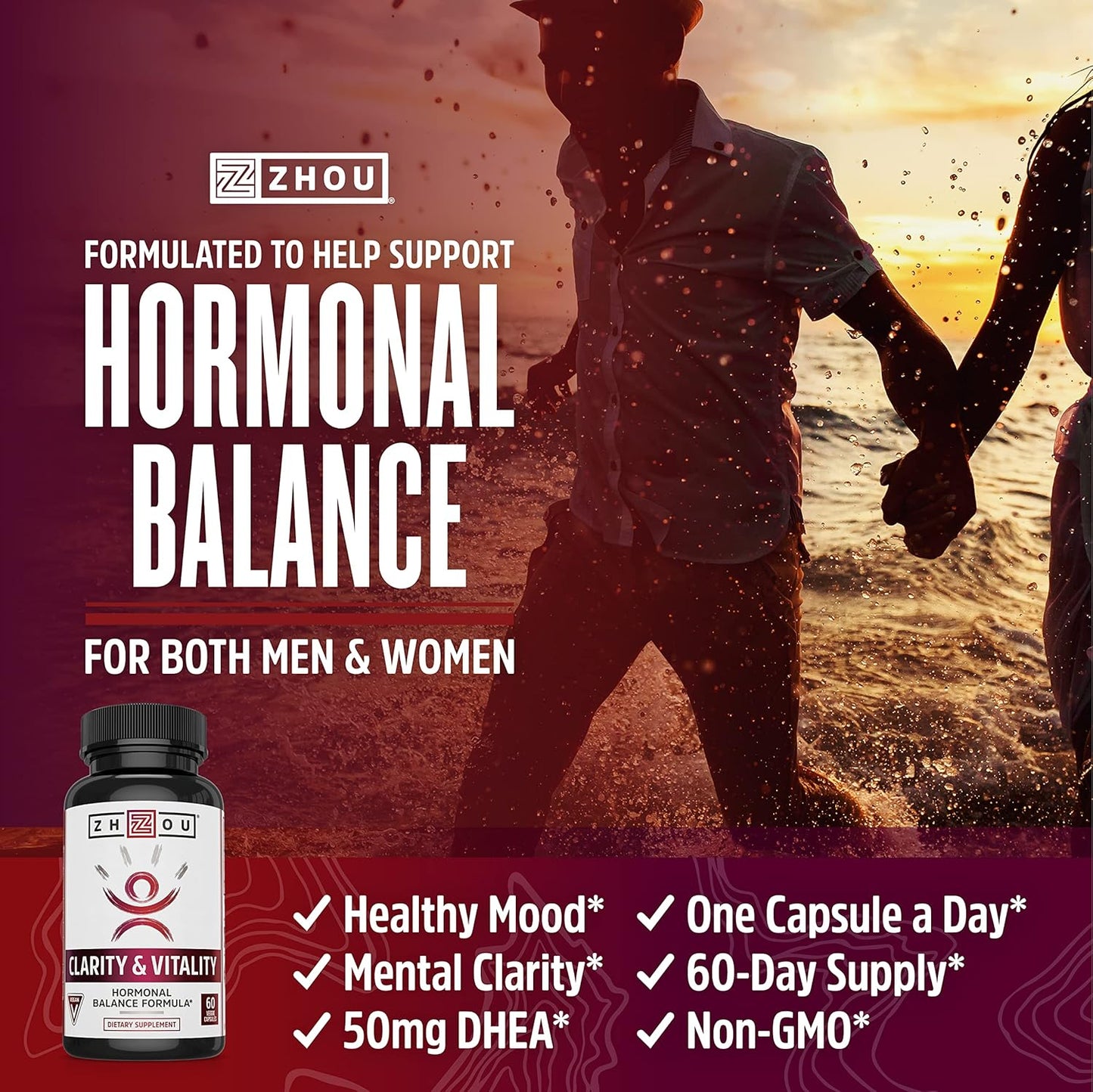 Zhou Clarity and Vitality Hormonal Balance Formula 50mg Capsules - Non-GMO, Vegan, Gluten Free - Healthy Aging Supplement for Women & Men