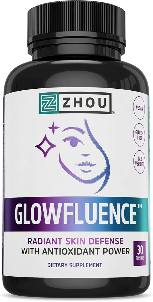 Zhou Glowfluence Hyaluronic Acid Supplement with Vitamin C and Antioxidants, Skin Elasticity and Firmness Support for Youthful Radiant Skin, Blended Supplement for Beautiful Glow, 30 Veg Caps