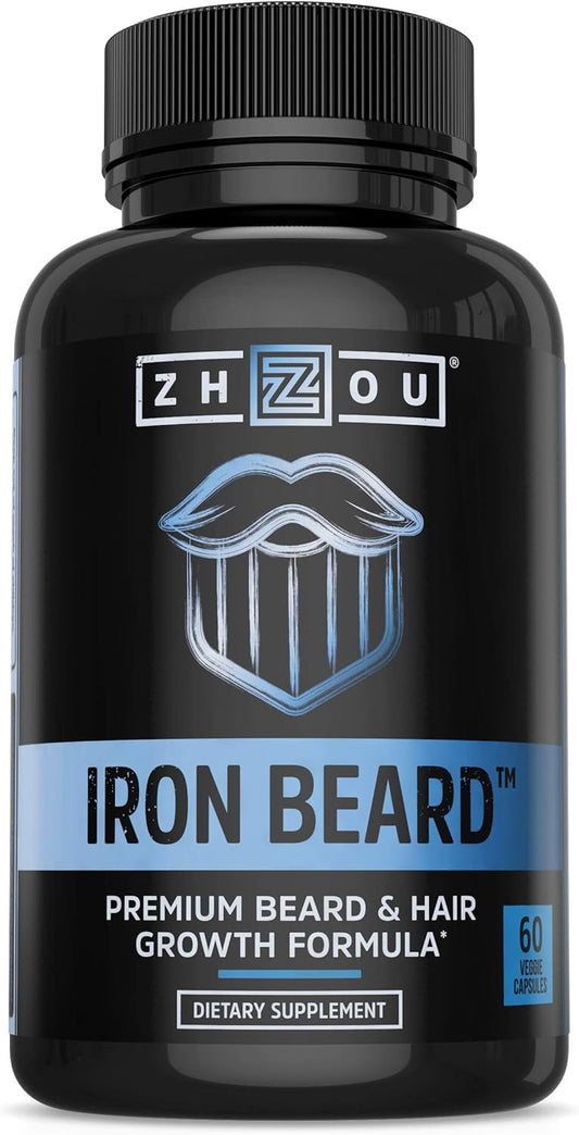 Zhou Iron Beard Growth Vitamin Supplement for Men - 30 Servings, 60 Capsules