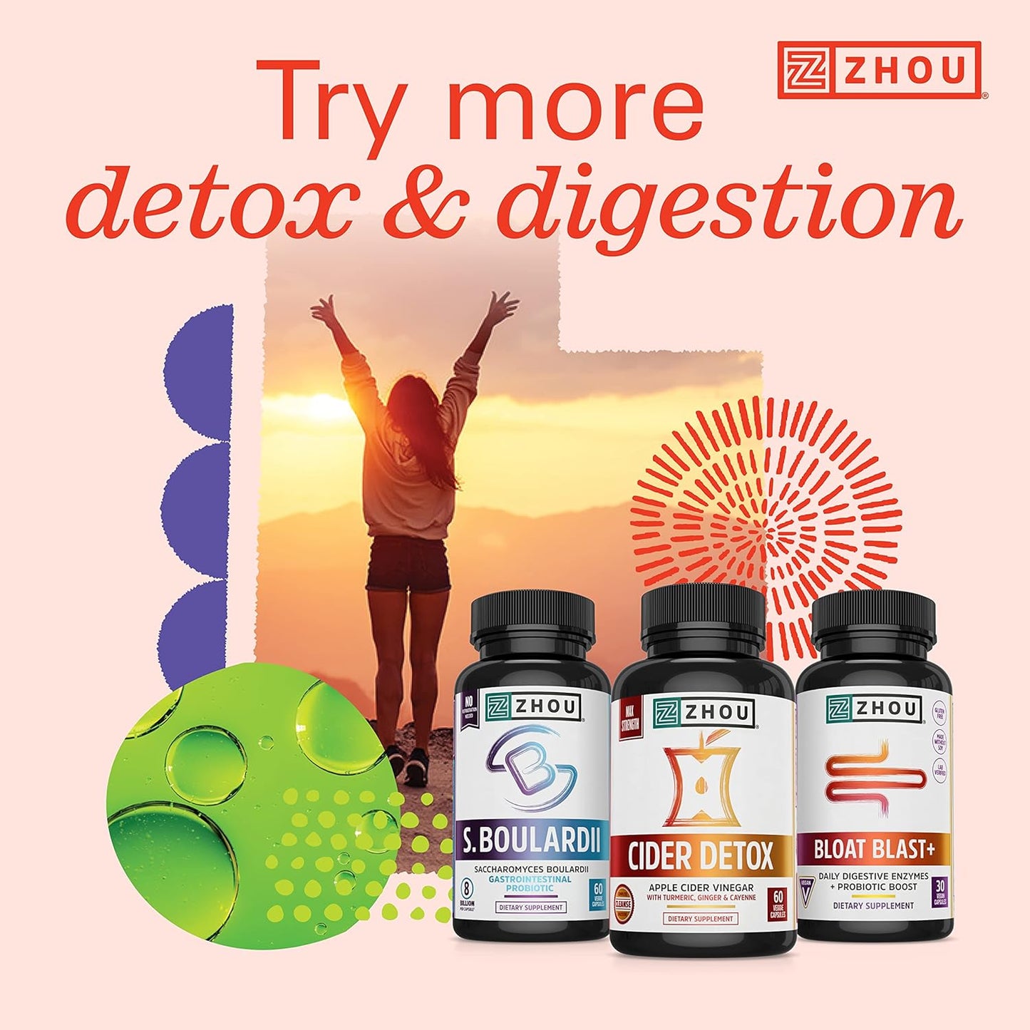 Zhou Nutrition Apple Cider Vinegar Gummies with The Mother - Detox & Cleanse, Probiotics, Digestion Support - Vegan, Gluten-Free, Non-GMO - 60 Count