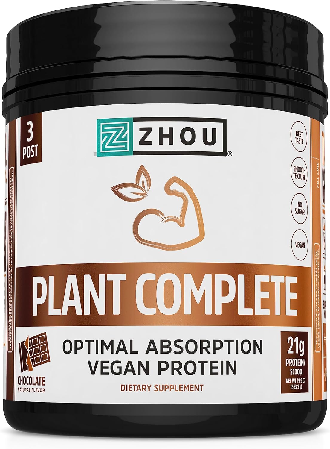 Zhou Nutrition Chocolate Plant Based Vegan Protein Powder - High Absorption, Complete Amino Acids, Dairy/Soy/Gluten/Sugar Free - 21g Protein, 16 Servings