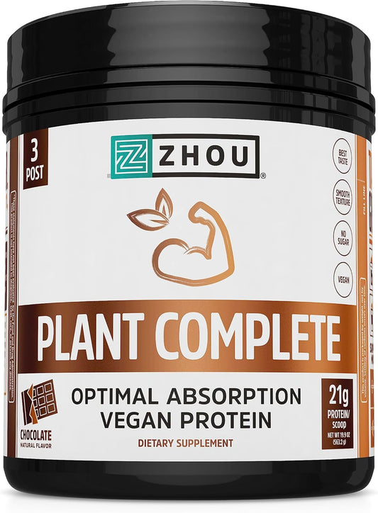 Zhou Nutrition Chocolate Plant Based Vegan Protein Powder - High Absorption, Complete Amino Acids, Dairy/Soy/Gluten/Sugar Free - 21g Protein, 16 Servings