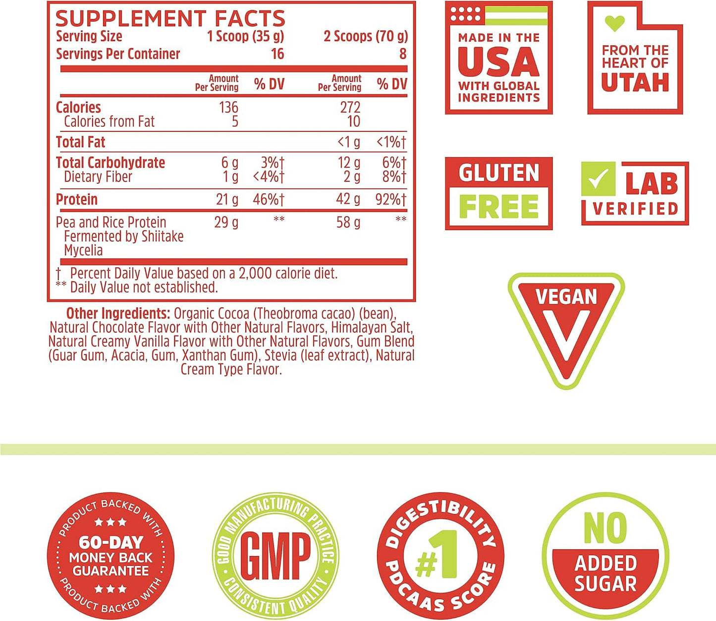 Zhou Nutrition Chocolate Plant Based Vegan Protein Powder - High Absorption, Complete Amino Acids, Dairy/Soy/Gluten/Sugar Free - 21g Protein, 16 Servings