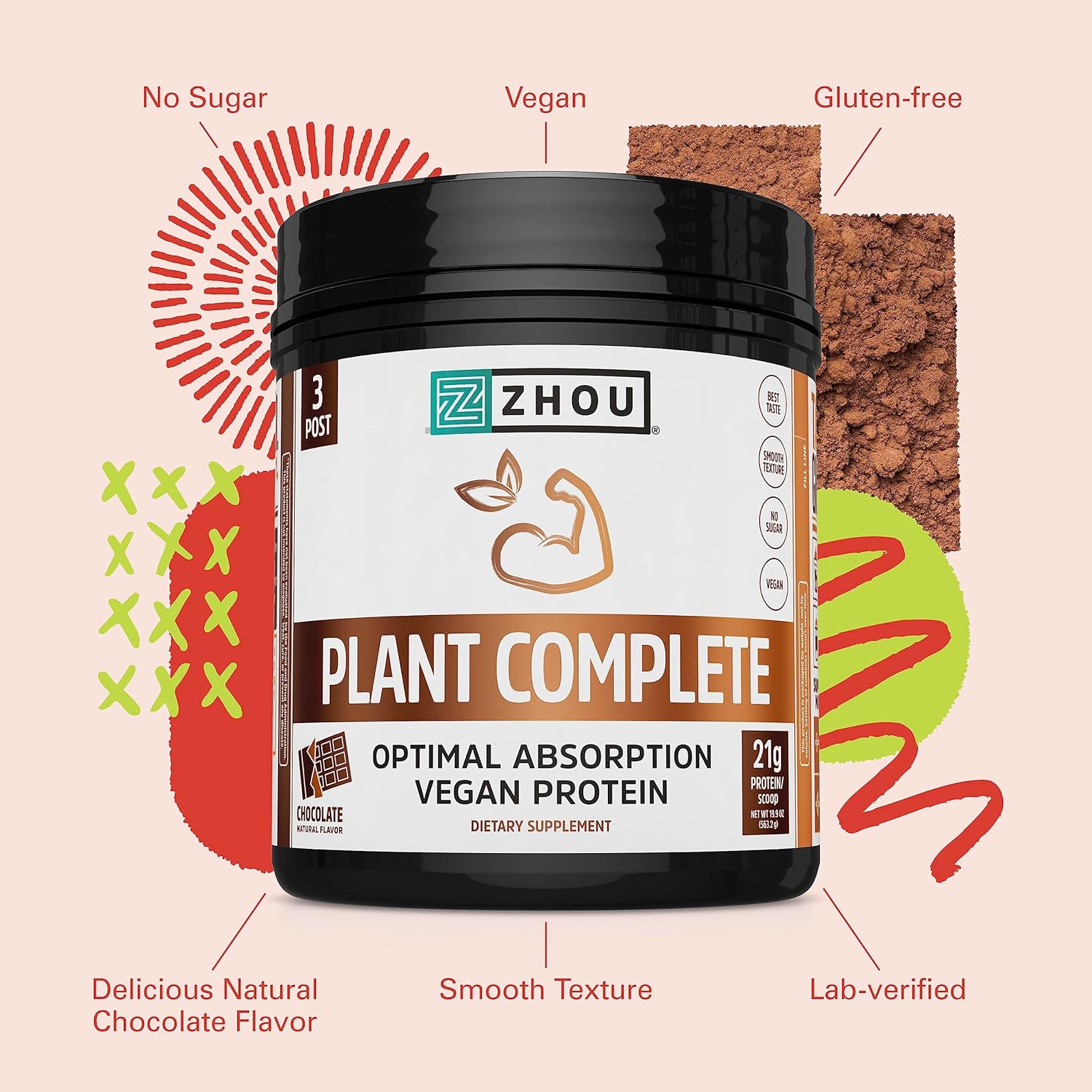 Zhou Nutrition Chocolate Plant Based Vegan Protein Powder - High Absorption, Complete Amino Acids, Dairy/Soy/Gluten/Sugar Free - 21g Protein, 16 Servings