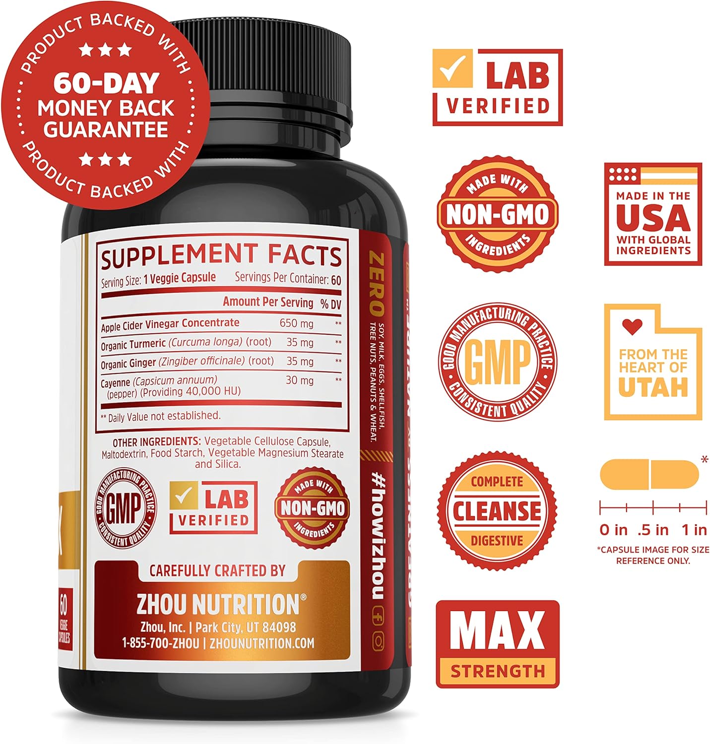 Zhou Nutrition Cider Detox Capsules - Apple Cider Vinegar with Ginger, Turmeric & Cayenne - Max Strength Thermogenic Formula for Digestion, Detox & Heart Health