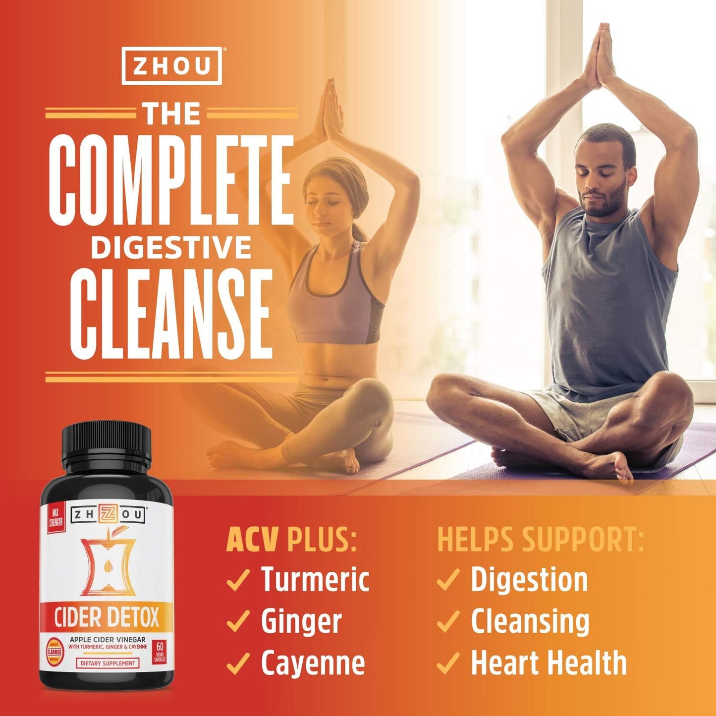Zhou Nutrition Cider Detox Capsules - Apple Cider Vinegar with Ginger, Turmeric & Cayenne - Max Strength Thermogenic Formula for Digestion, Detox & Heart Health