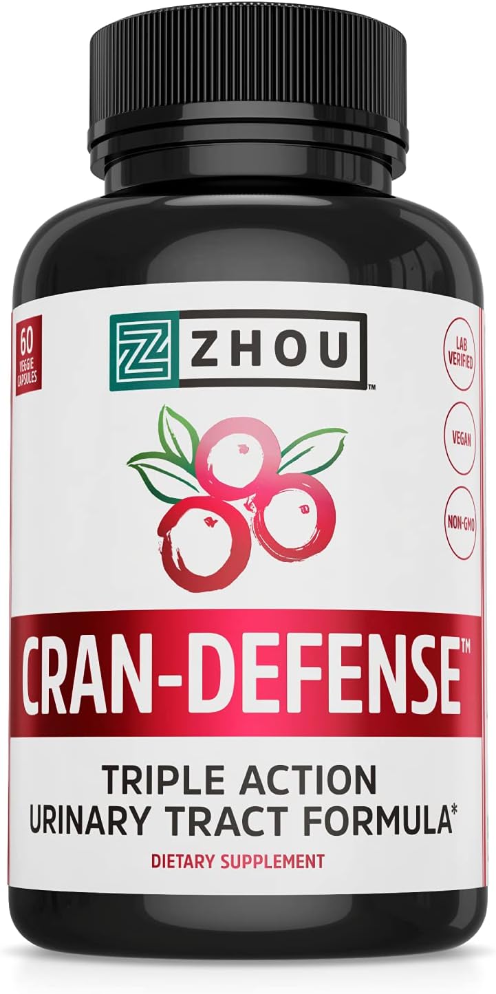 Zhou Nutrition Cran Defense: Urinary Tract Formula with Cranberry Extract, D-Mannose, Vitamin C - Flush Impurities, Support Healthy Bladder - 60 Count