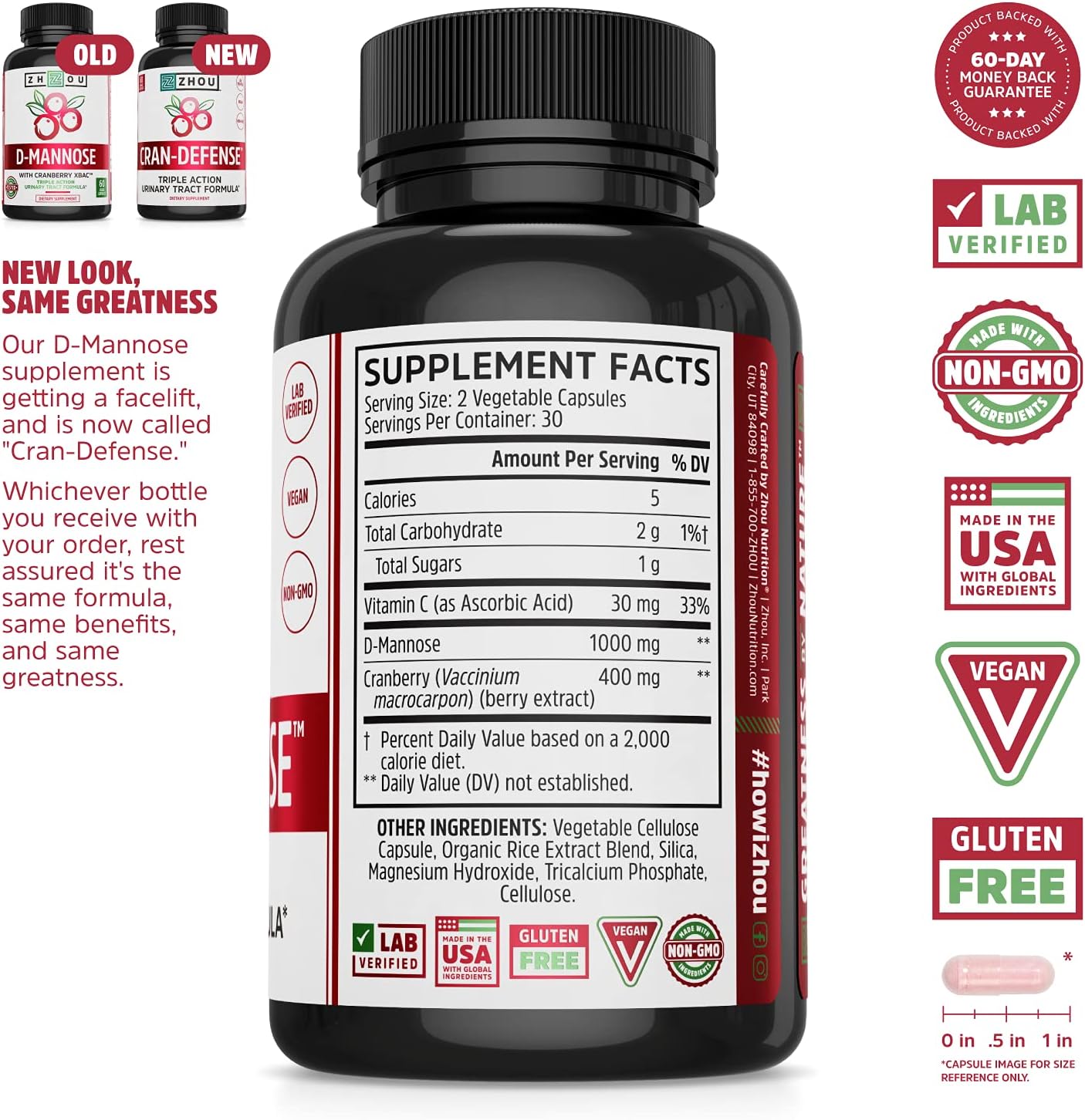 Zhou Nutrition Cran Defense: Urinary Tract Formula with Cranberry Extract, D-Mannose, Vitamin C - Flush Impurities, Support Healthy Bladder - 60 Count