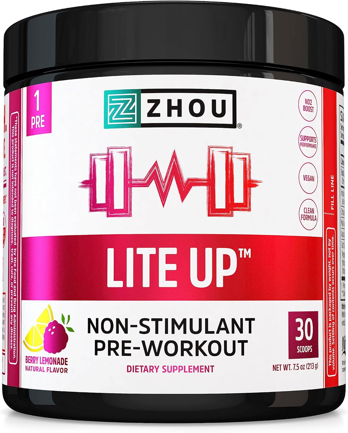 Zhou Nutrition Lite Up Non-Stimulant Pre Workout Powder - Caffeine Free Nitric Oxide Booster - Vegan Gluten Free Berry Lemonade - 7.5 Oz