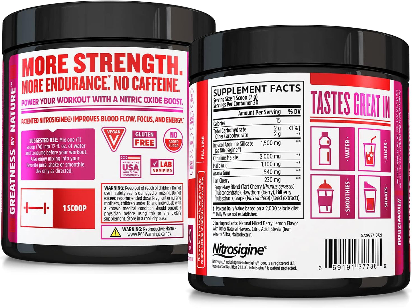 Zhou Nutrition Lite Up Non-Stimulant Pre Workout Powder - Caffeine Free Nitric Oxide Booster - Vegan Gluten Free Berry Lemonade - 7.5 Oz