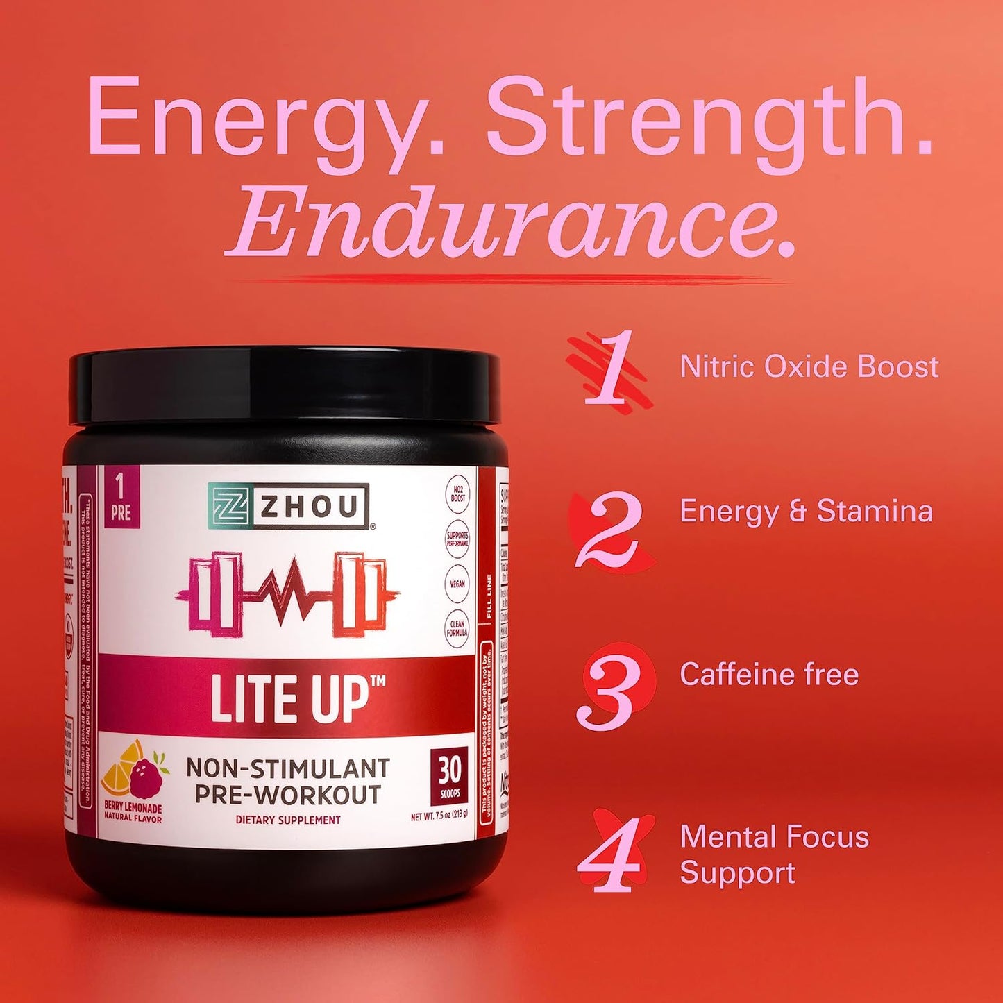 Zhou Nutrition Lite Up Non-Stimulant Pre Workout Powder - Caffeine Free Nitric Oxide Booster - Vegan Gluten Free Berry Lemonade - 7.5 Oz
