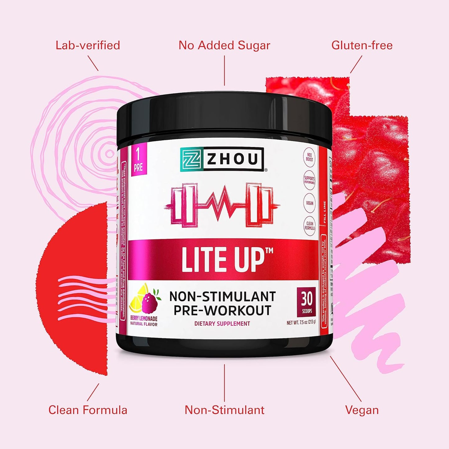 Zhou Nutrition Lite Up Non-Stimulant Pre Workout Powder - Caffeine Free Nitric Oxide Booster - Vegan Gluten Free Berry Lemonade - 7.5 Oz