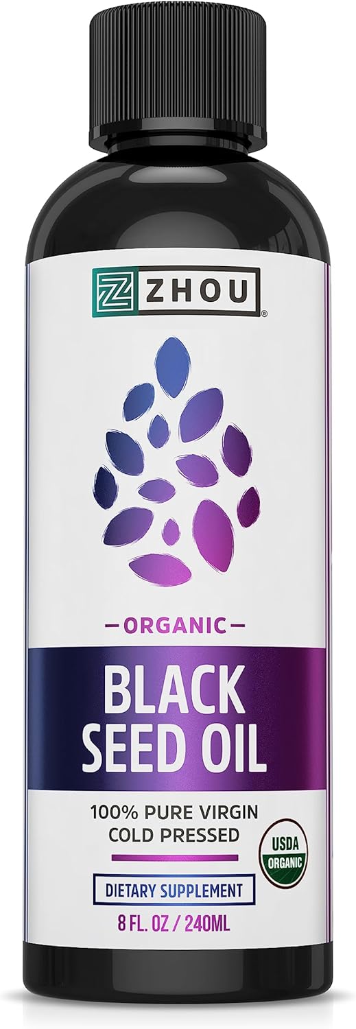 Zhou Organic Black Seed Oil 8oz - Cold Pressed Omega 3 6 9 Super Antioxidant for Immune Support, Joints, Digestion, Hair & Skin - Vegan, Gluten-Free, Non-GMO