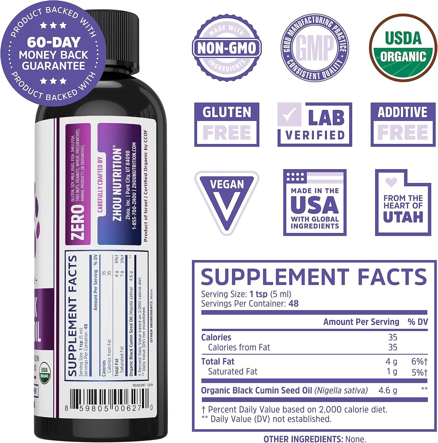 Zhou Organic Black Seed Oil 8oz - Cold Pressed Omega 3 6 9 Super Antioxidant for Immune Support, Joints, Digestion, Hair & Skin - Vegan, Gluten-Free, Non-GMO