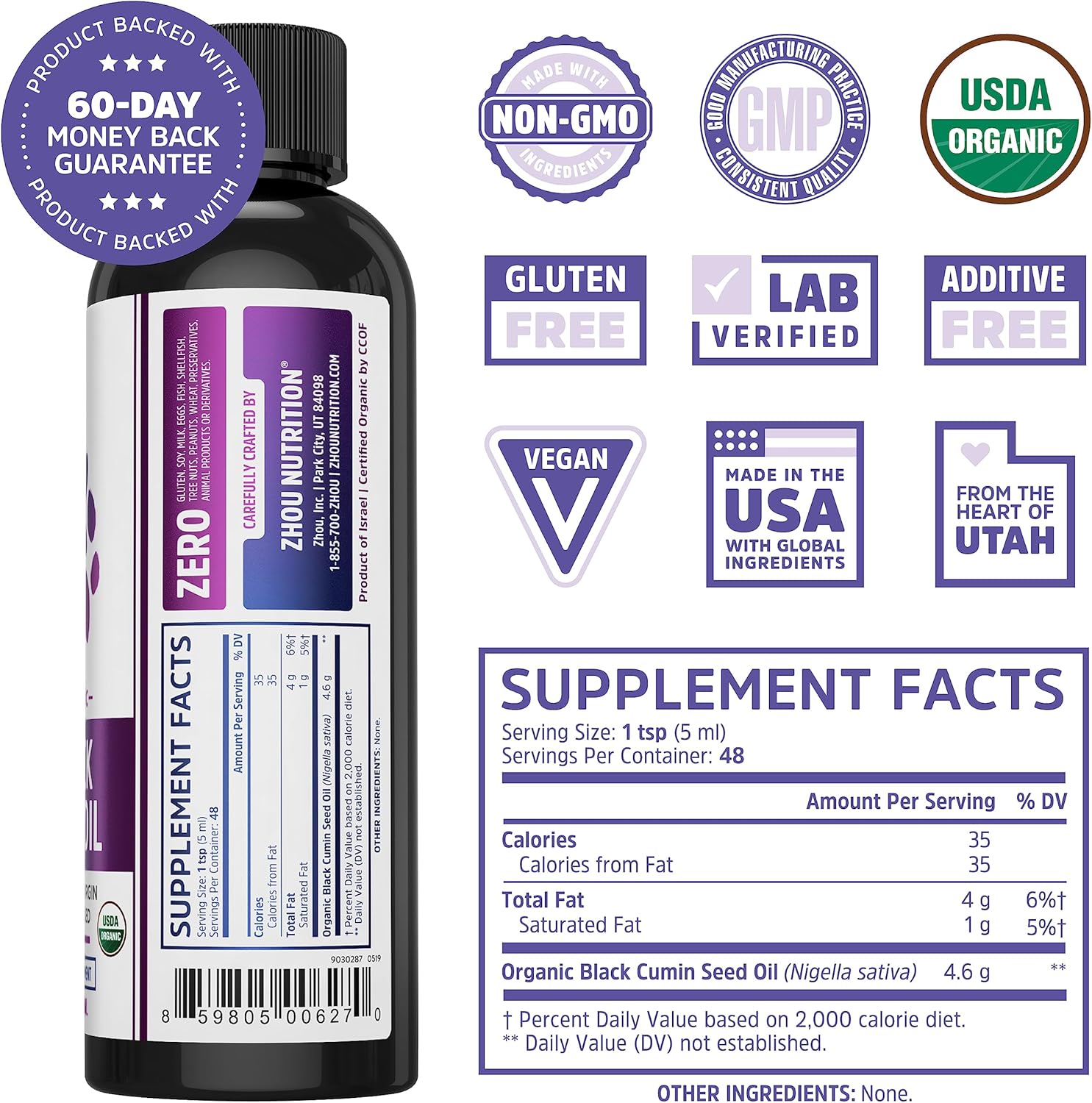 Zhou Organic Black Seed Oil 8oz - Cold Pressed Omega 3 6 9 Super Antioxidant for Immune Support, Joints, Digestion, Hair & Skin - Vegan, Gluten-Free, Non-GMO