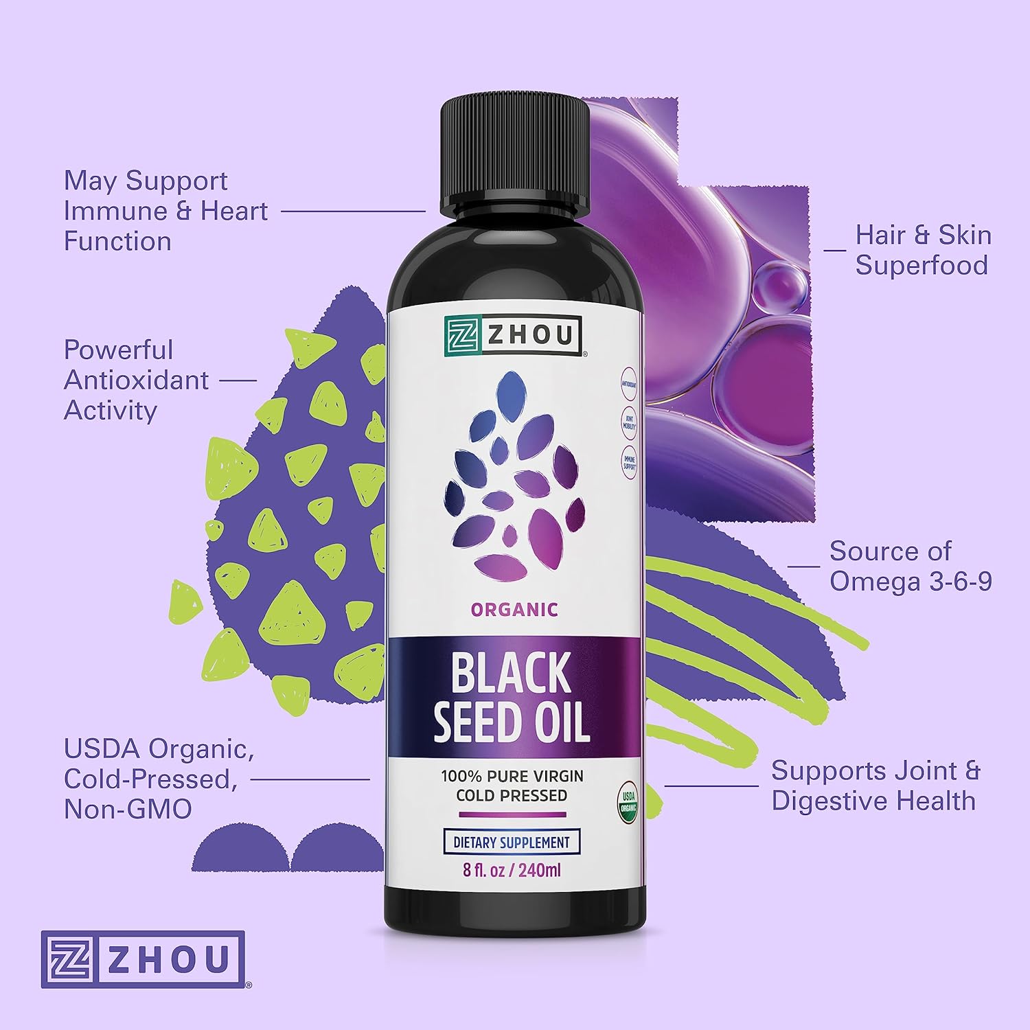 Zhou Organic Black Seed Oil 8oz - Cold Pressed Omega 3 6 9 Super Antioxidant for Immune Support, Joints, Digestion, Hair & Skin - Vegan, Gluten-Free, Non-GMO