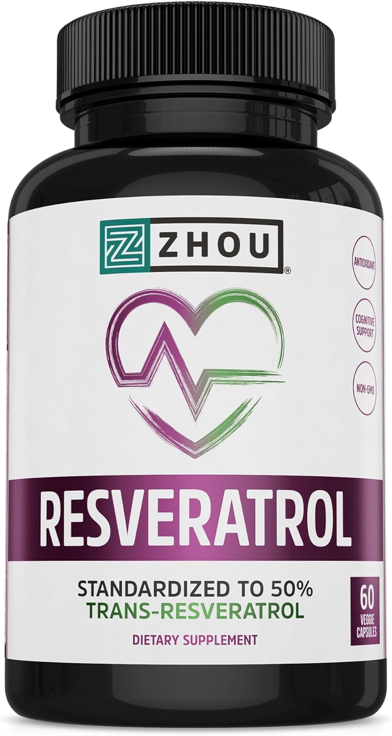 Zhou Resveratrol Supplement | Supports Healthy Aging, Immune System & Heart Health | Antioxidant Benefits | 30 Servings, 60 Veg Caps